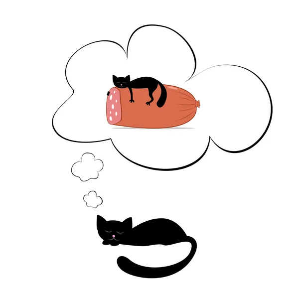 Μαύρη γάτα είναι ονειρεύεται την τεράστια λουκάνικο — Διανυσματικό Αρχείο