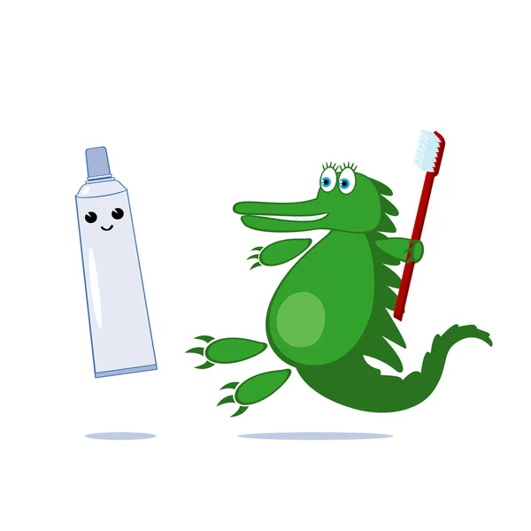 Tandpasta en schattig krokodil met tandenborstel — Stockvector