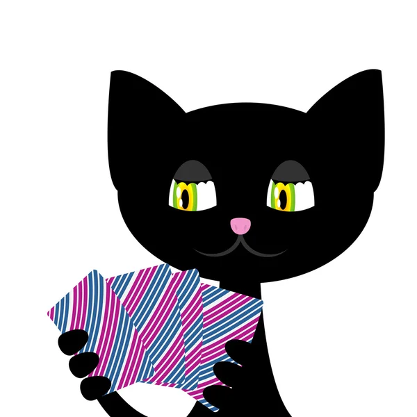Black cat is playing cards — Stock Vector