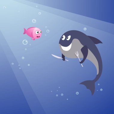 Hungry shark and little pink fish clipart