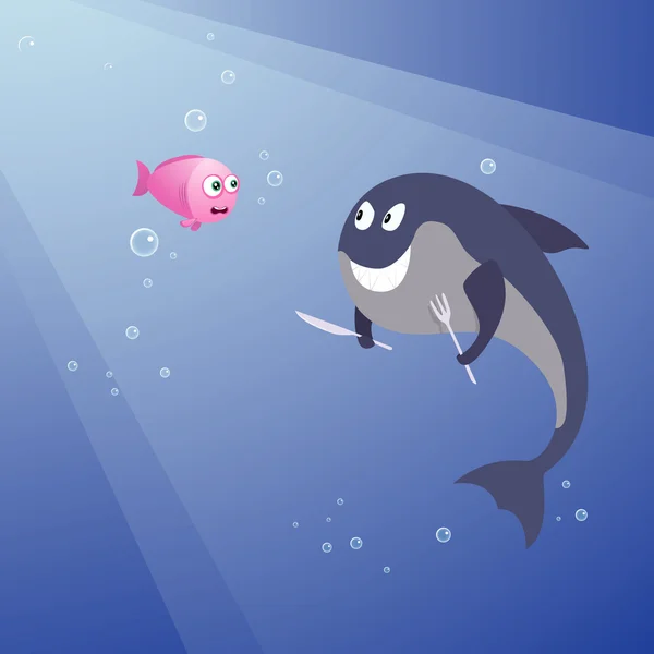 饥饿的鲨鱼和粉红色的小鱼 — 图库矢量图片
