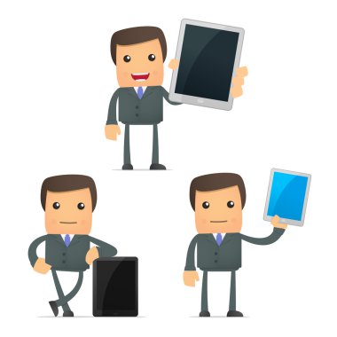 Funny cartoon businessman with a laptop clipart