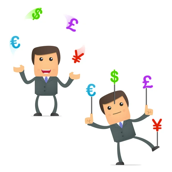 Funny cartoon businessman juggling currency — Stock Vector