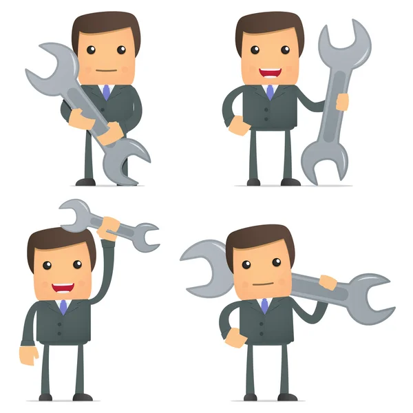 Funny cartoon businessman with a spanner — Stock Vector