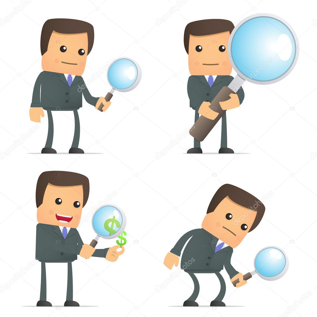 Funny cartoon businessman with magnifying glass