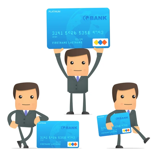 Divertido hombre de negocios de dibujos animados con tarjeta de crédito — Vector de stock