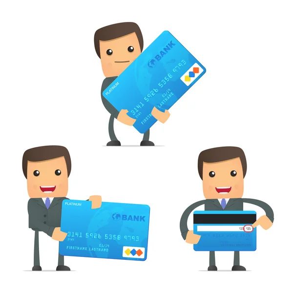 Divertente uomo d'affari cartone animato con carta di credito — Vettoriale Stock