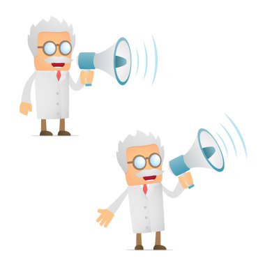 Funny cartoon scientist with a megaphone clipart