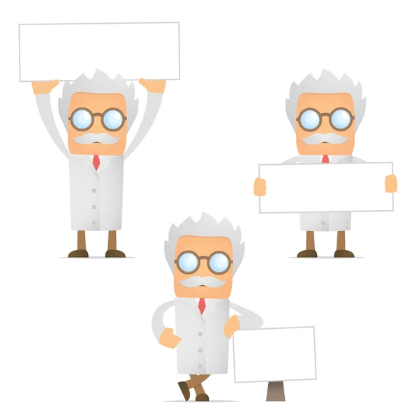 Funny cartoon scientist with blank banner — Stock Vector