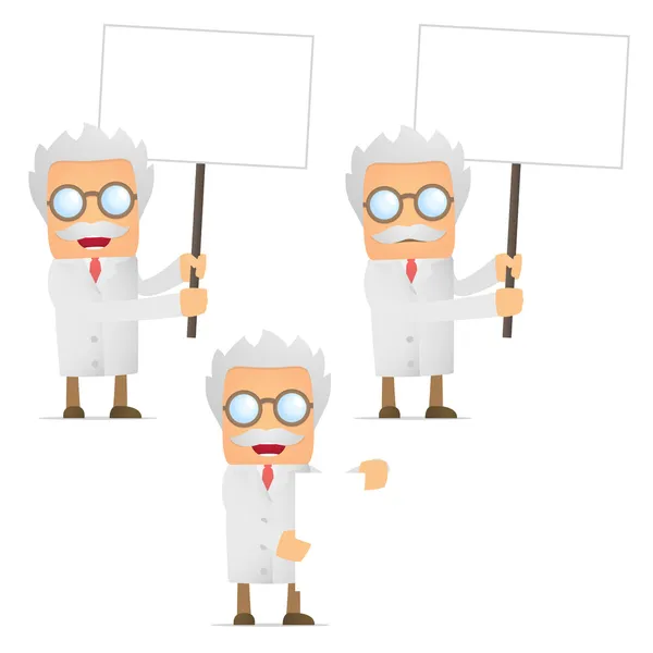 Funny cartoon scientist holds a banner — Stock Vector
