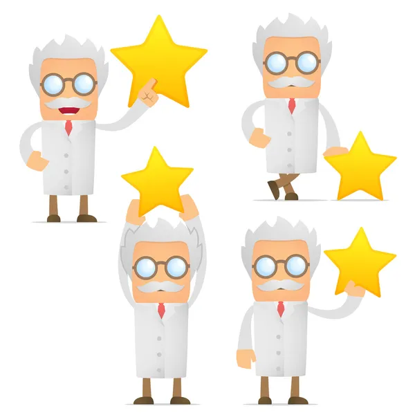 Funny cartoon scientist holding a favorite star — Stock Vector