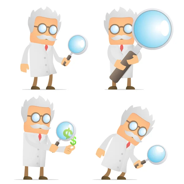 Funny cartoon scientist with magnifying glass — Stock Vector