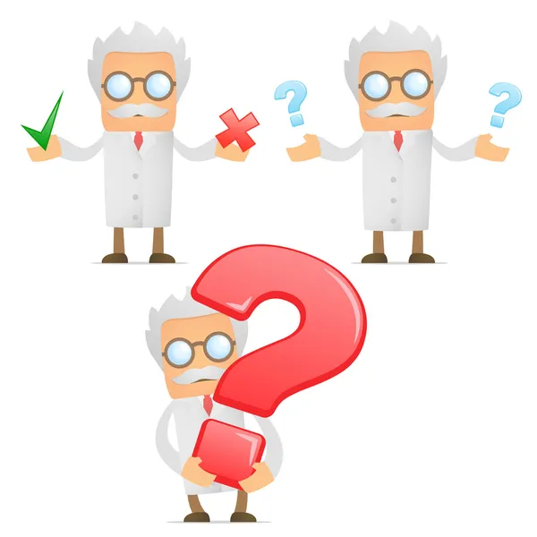 Funny cartoon scientist with a question mark — Stock Vector