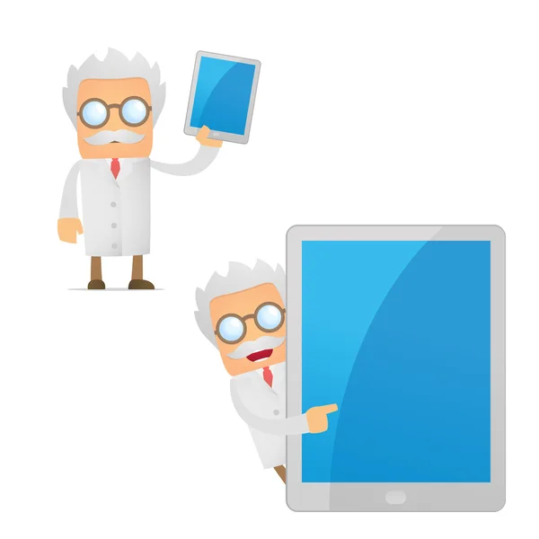 Funny cartoon scientist with a laptop — Stock Vector
