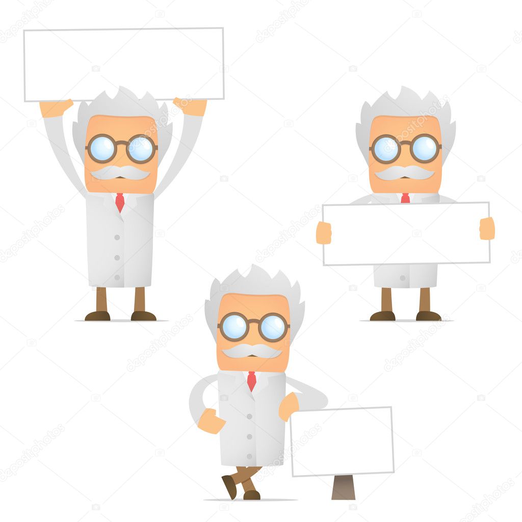 Funny cartoon scientist with blank banner