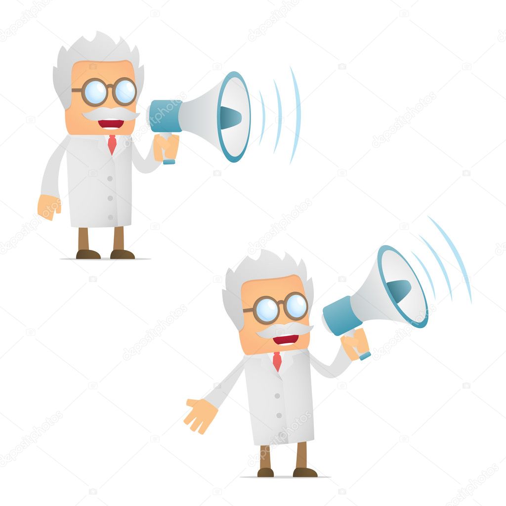 Funny cartoon scientist with a megaphone