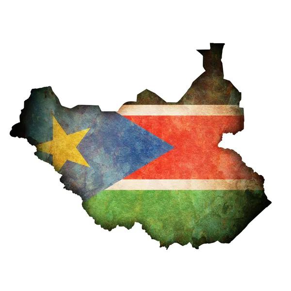 Südsudan-Flagge auf Weltkarte — Stockfoto