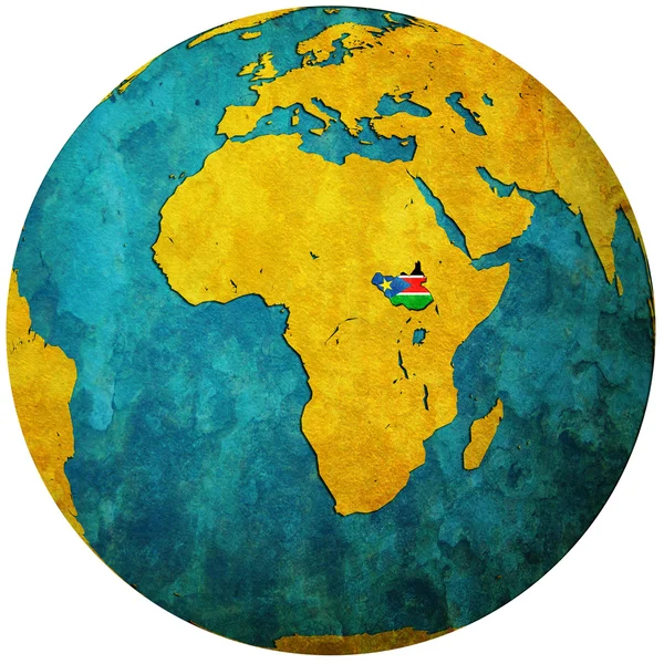 Zuid-Soedan vlag op globe kaart — Stockfoto