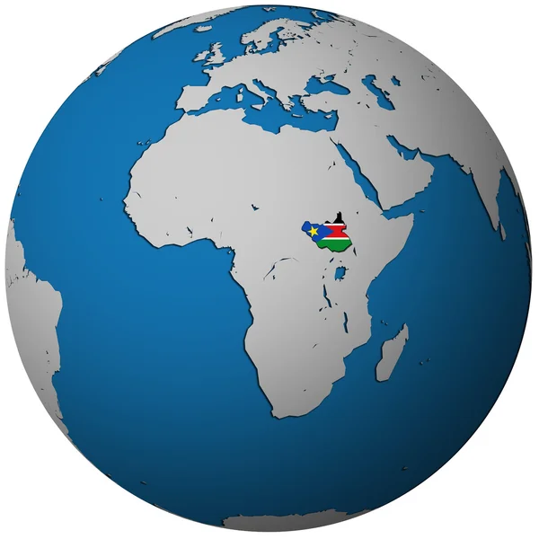 Bandera de Sudán del Sur en el mapa del globo — Foto de Stock