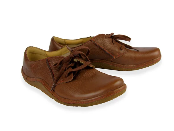 Hnědé kožené pohodlné Dámské boty s tkaničkami — Stock fotografie