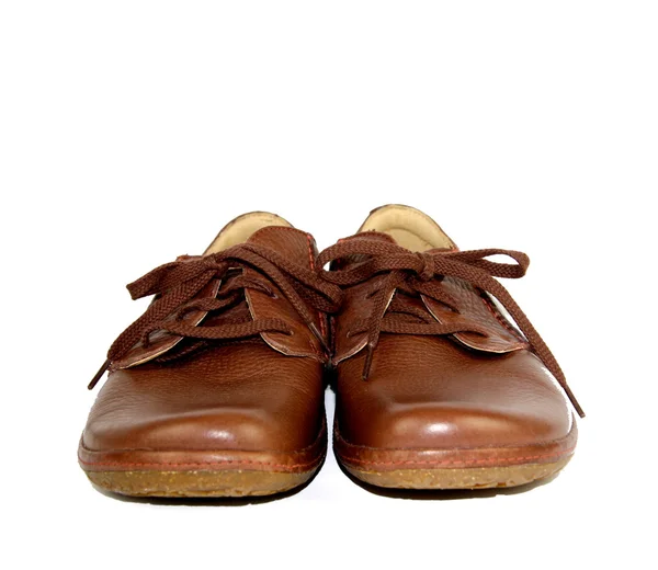 Pohodlné hnědé kožené boty tvář na pohled — Stock fotografie