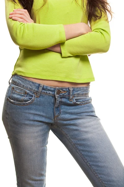 Sexy, mulher em forma em jeans — Fotografia de Stock
