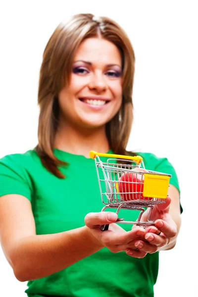 Woman holding smal market cart — Stock Photo, Image