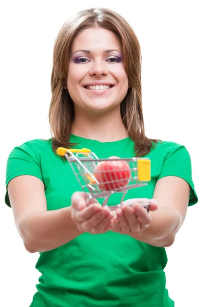 Woman holding smal market cart — Stock Photo, Image