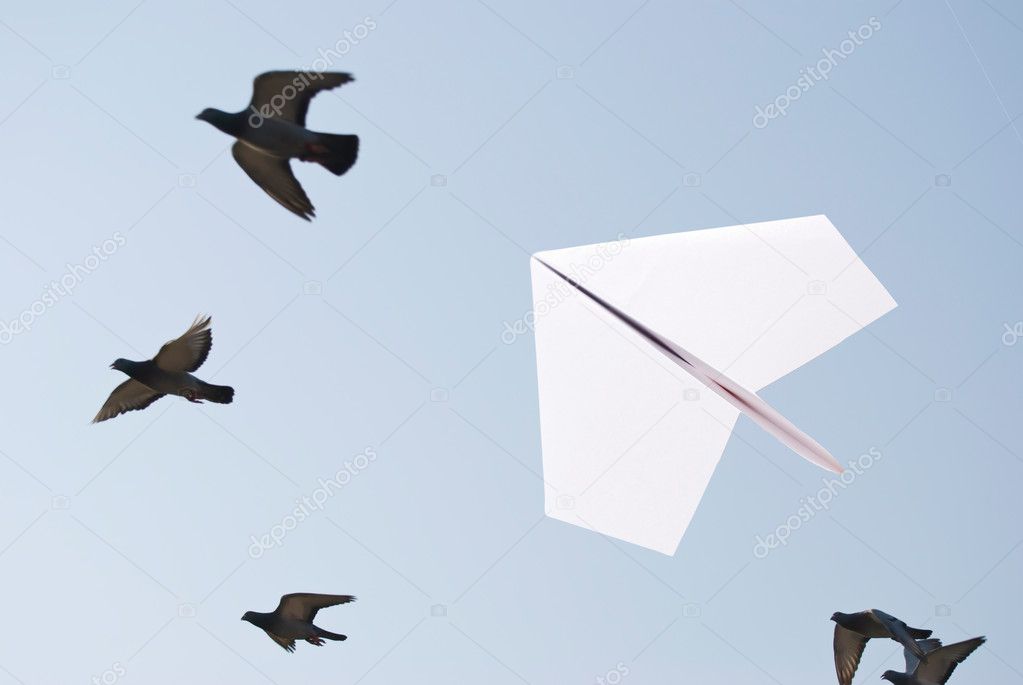 Paper airplane flying with birds