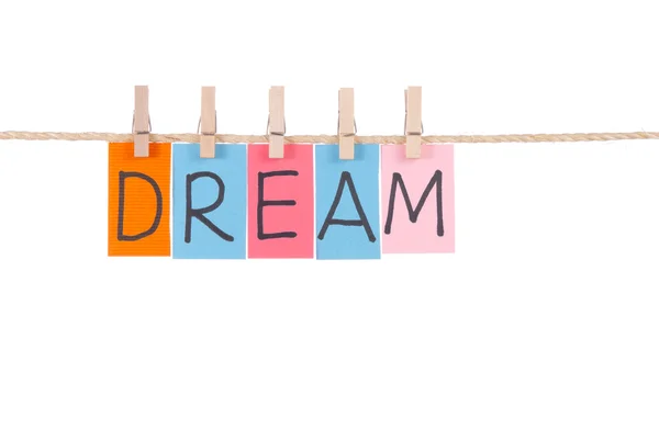 Sonho, estaca de madeira e palavras coloridas — Fotografia de Stock