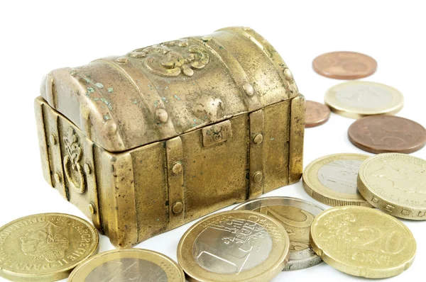 Brass money box and cash — Stock Photo, Image