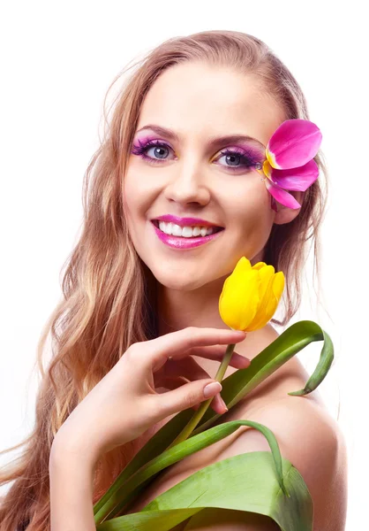 Woman with tulips — Stock Photo, Image