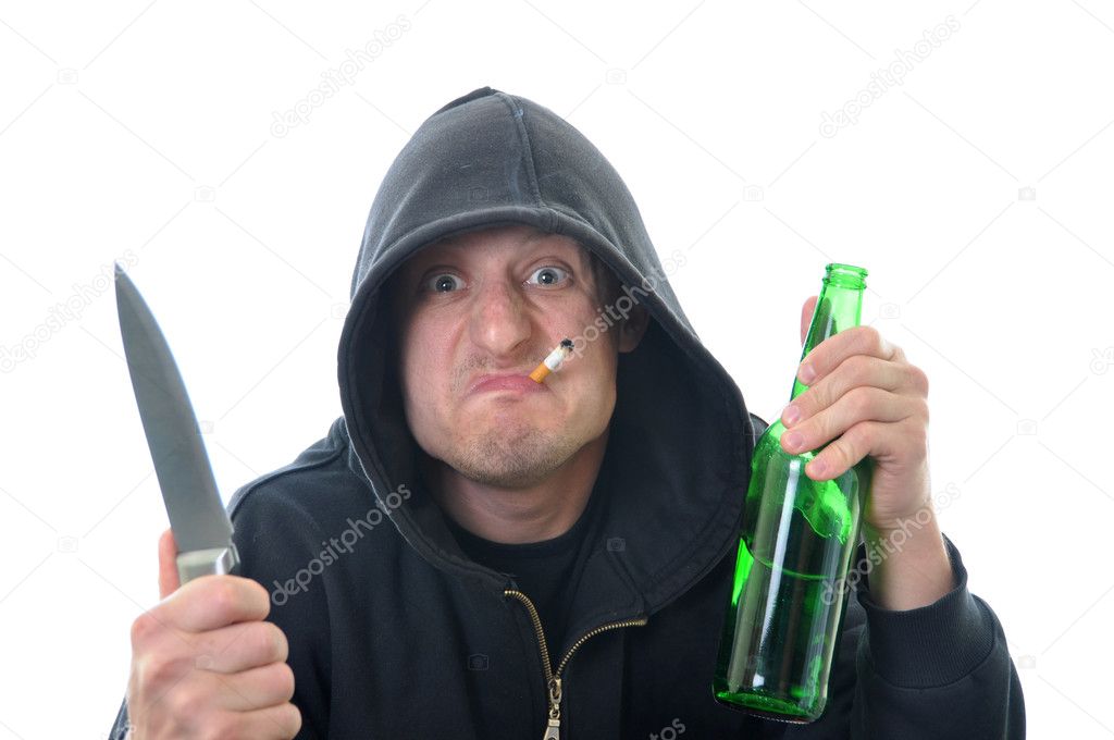 Bandit with knife and bottle of alcohol isolated