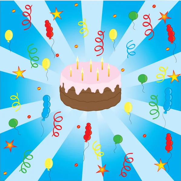Celebración con pastel y muchos globos — Vector de stock