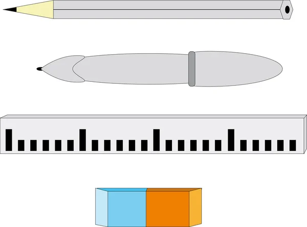 Linjal, penna på vit bakgrund — Stock vektor