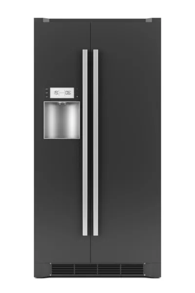 Ενιαία σύγχρονο μαύρο ψυγείο που απομονώνονται σε λευκό φόντο — Φωτογραφία Αρχείου