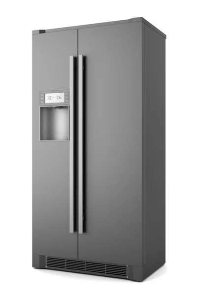 在白色背景上孤立的单个现代黑色冰箱 — 图库照片