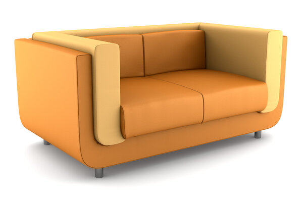 Modern orange leather couch isolated on white background