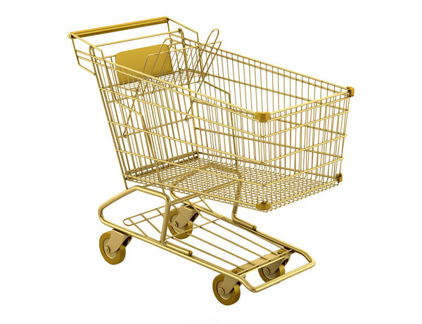 Golden empty shopping cart isolated on white background