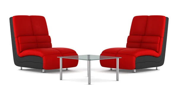 Due poltrone moderne in pelle nera e rossa con tavolo isolato su bac bianco — Foto Stock