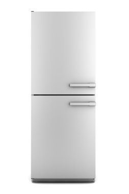 Tek modern gri buzdolabı beyaz zemin üzerine izole