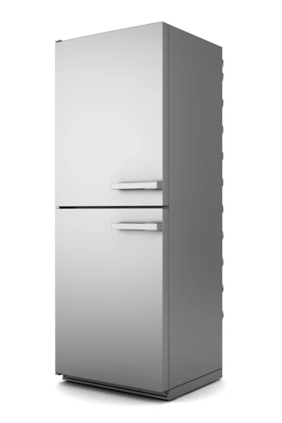 Único refrigerador cinza moderno isolado no fundo branco — Fotografia de Stock
