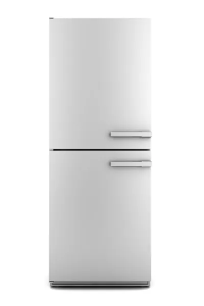 在白色背景上孤立的单个现代灰色冰箱 — 图库照片