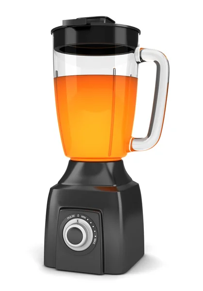 Σύγχρονο μαύρο μπλέντερ με το χυμό πορτοκαλιού που απομονώνονται σε λευκό φόντο — Φωτογραφία Αρχείου