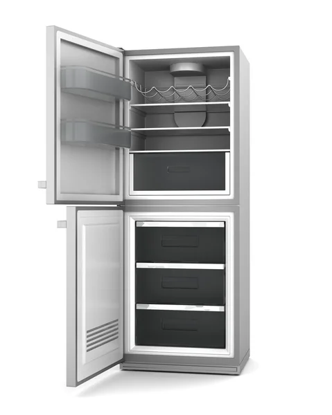 Современный холодильник с открытыми дверями на белом фоне — стоковое фото