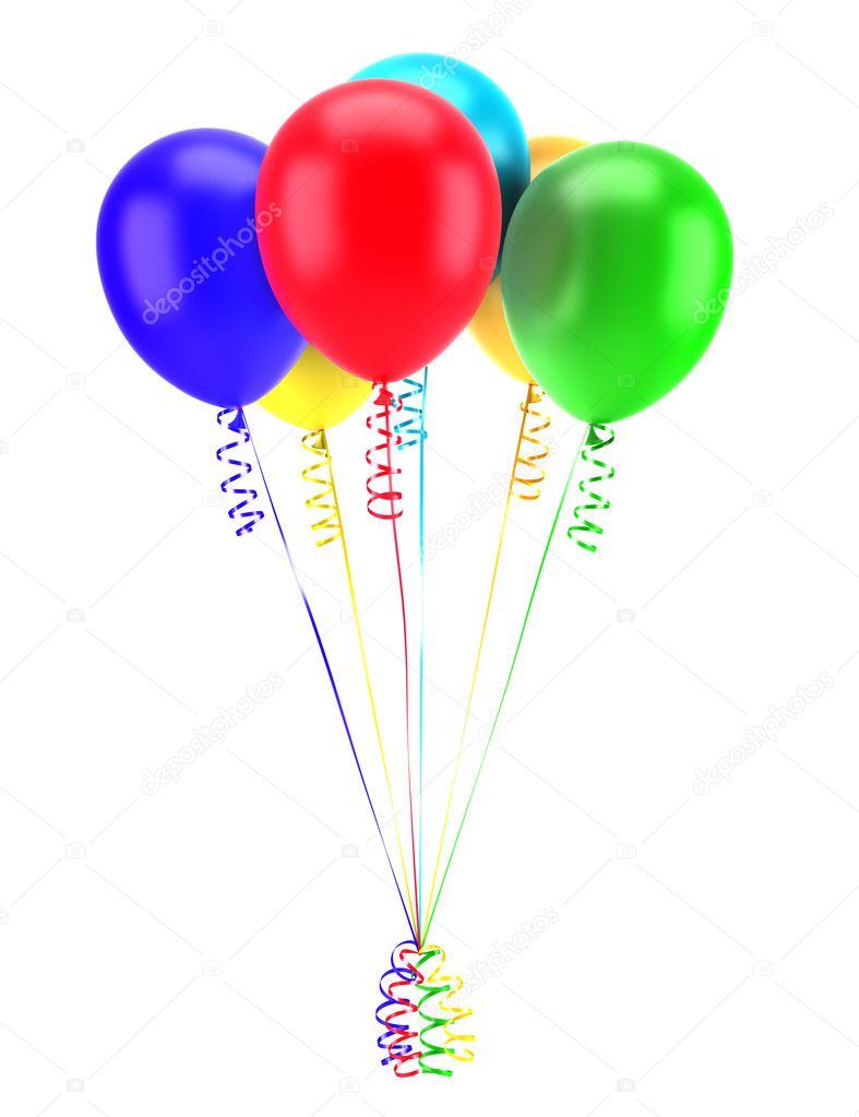 Multicolored party balloons with ribbons isolated on white background