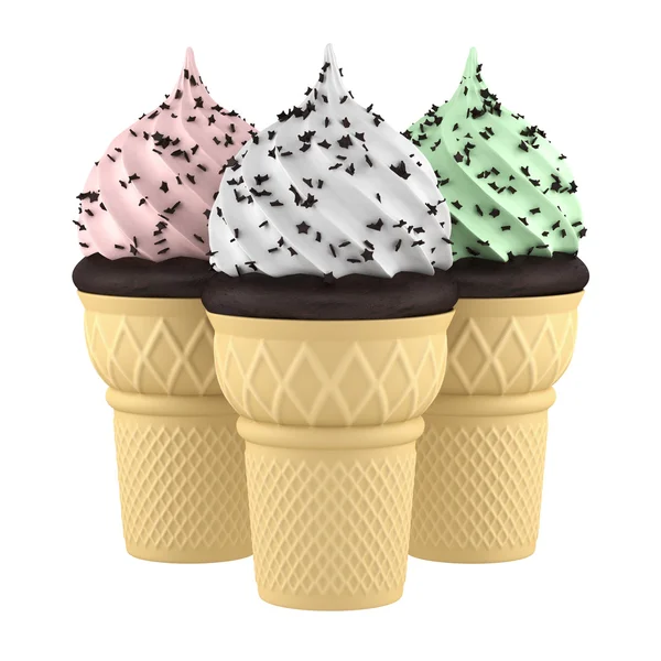 Trois crèmes glacées dans des cônes de gaufres isolés sur fond blanc — Photo