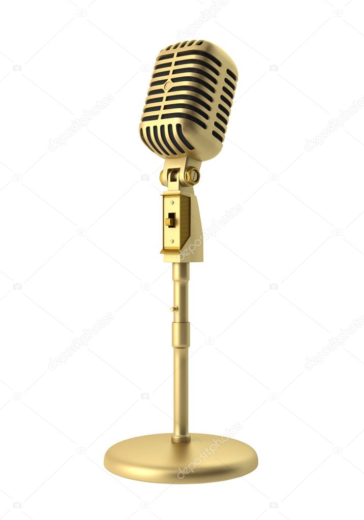 Golden vintage microphone isolated on white background