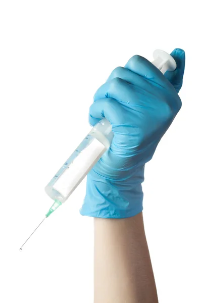Hand in blue glove holding syringe isolated on white background — Stock Photo, Image