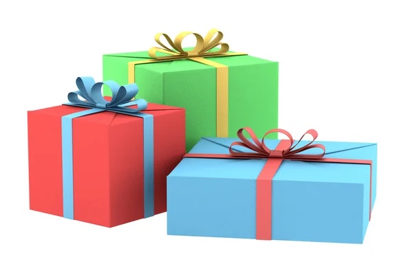Drie kleur geschenkdozen geïsoleerd op witte achtergrond — Stockfoto